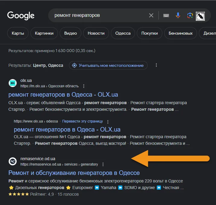 Выдача Google по запросу - ремонт генераторов Закрепление позиции в Google