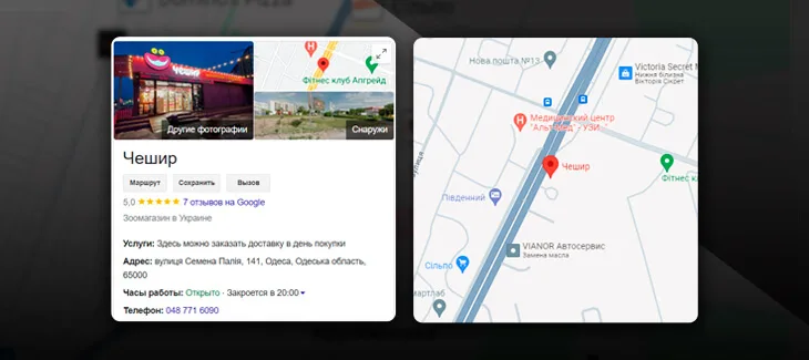 Настройка Google My Business для зоомагазина Чешир Гугл Бизнес - зоомагазин Чешир